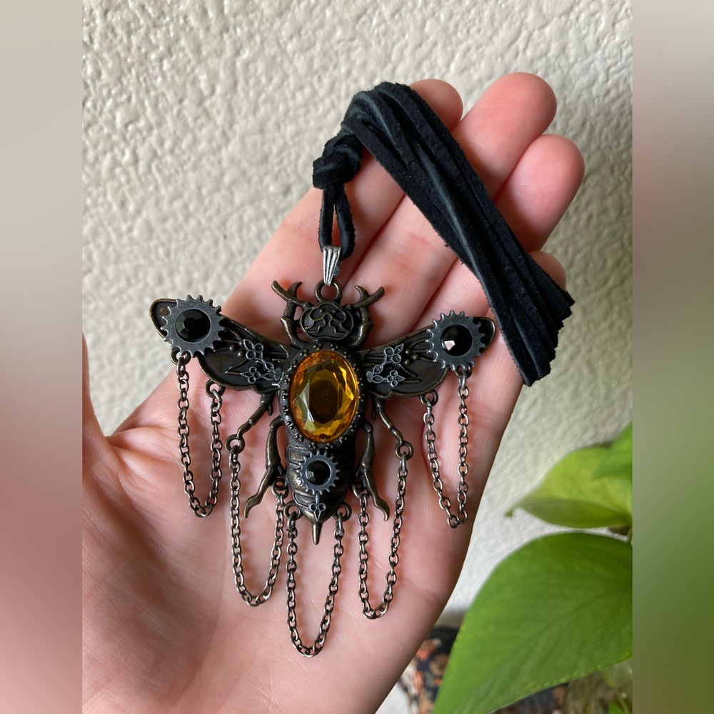 Goth Inspired Moth Pendant Necklace with Amber Toned Gem